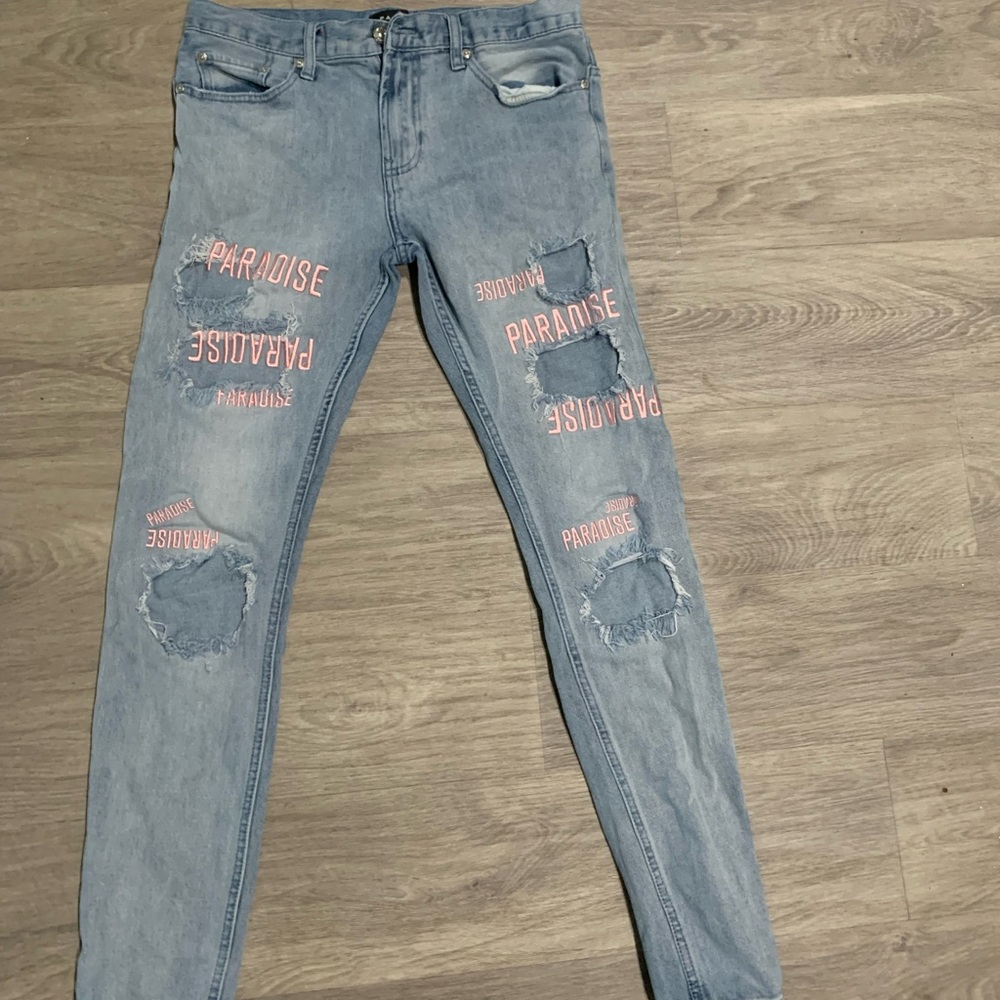 Pacsun Distressed Light Blue Jeans with Pink Paradise Print
